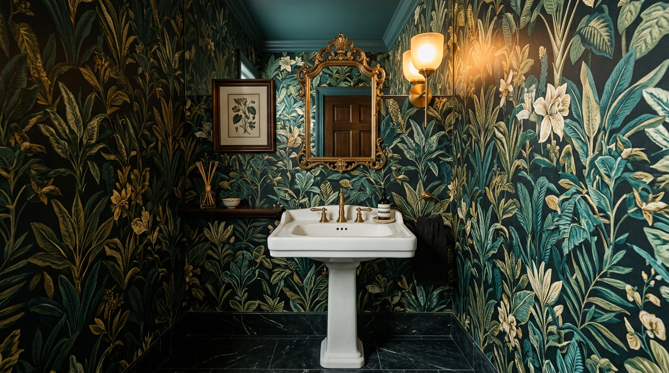 Decorated powder room in small space