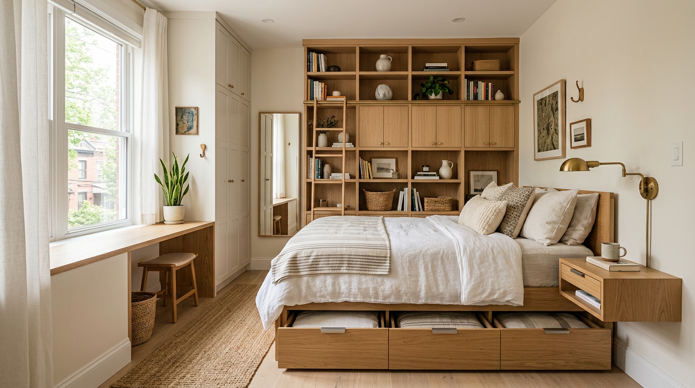 Small bedroom maximizing space efficiently