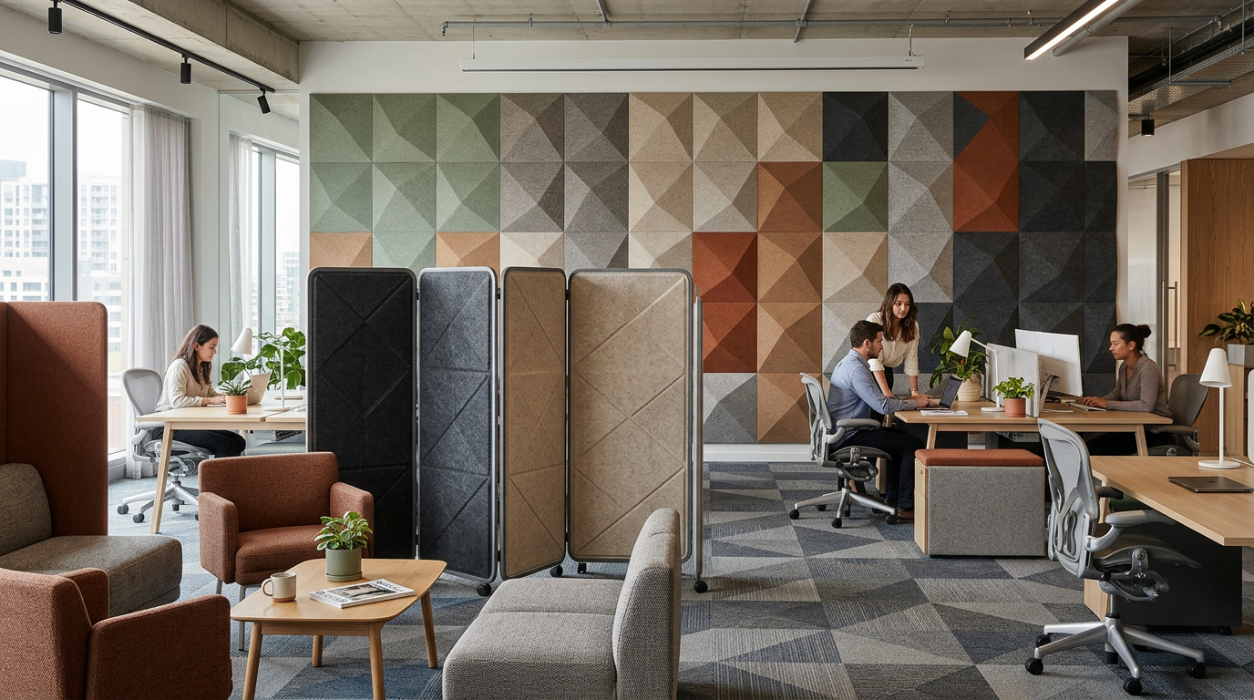 Office with acoustic panel solutions and decor