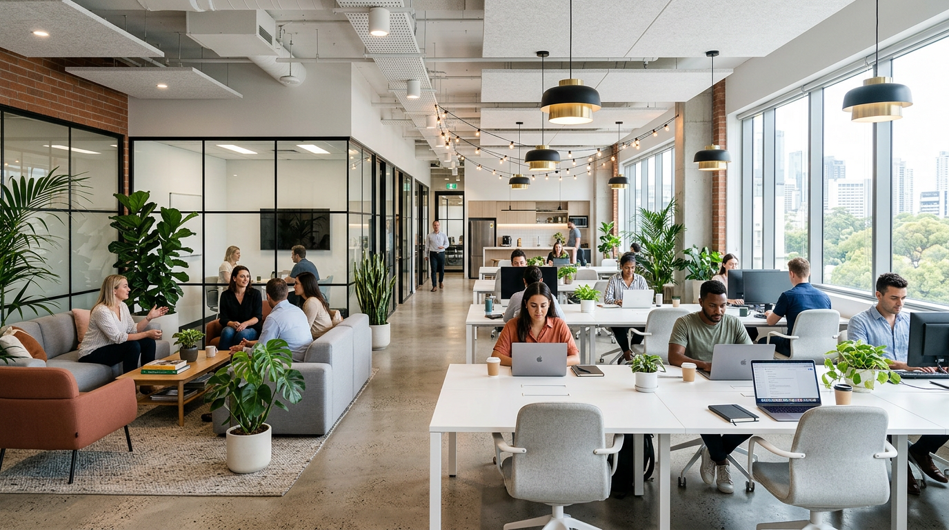 Open office plan with shared workspace decor