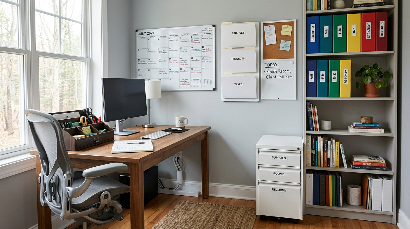 Efficiently organized home office workspace