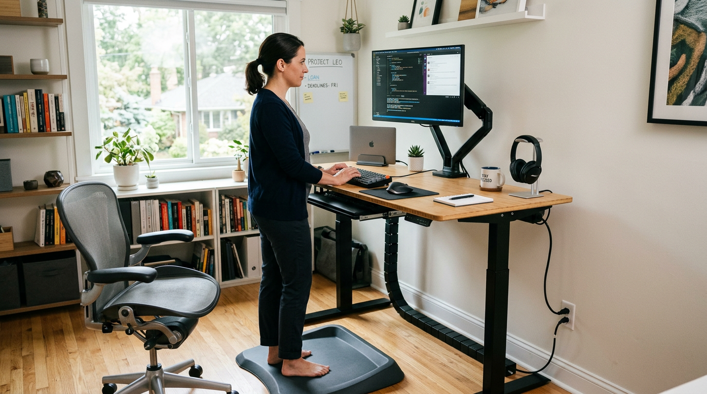 Ergonomic home office with standing desk setup