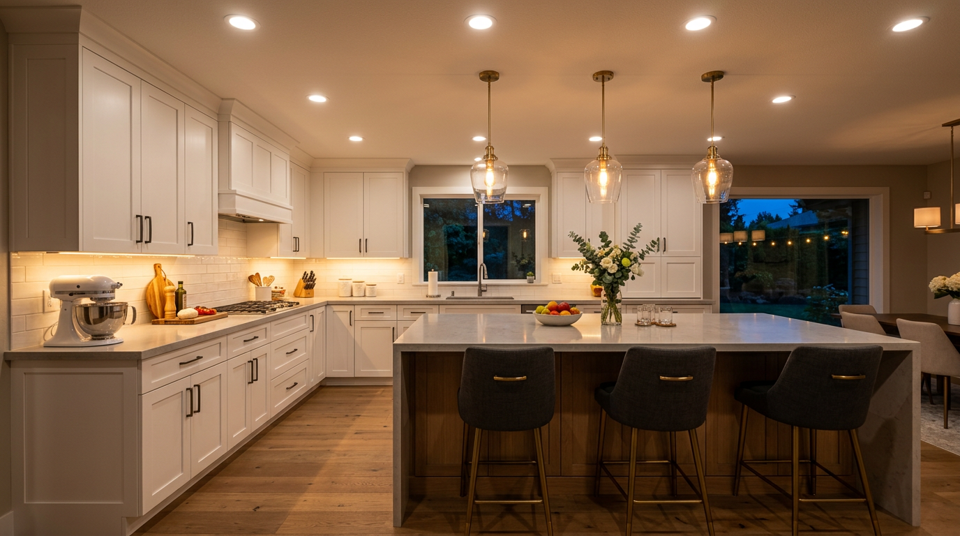 Kitchen with layered lighting design