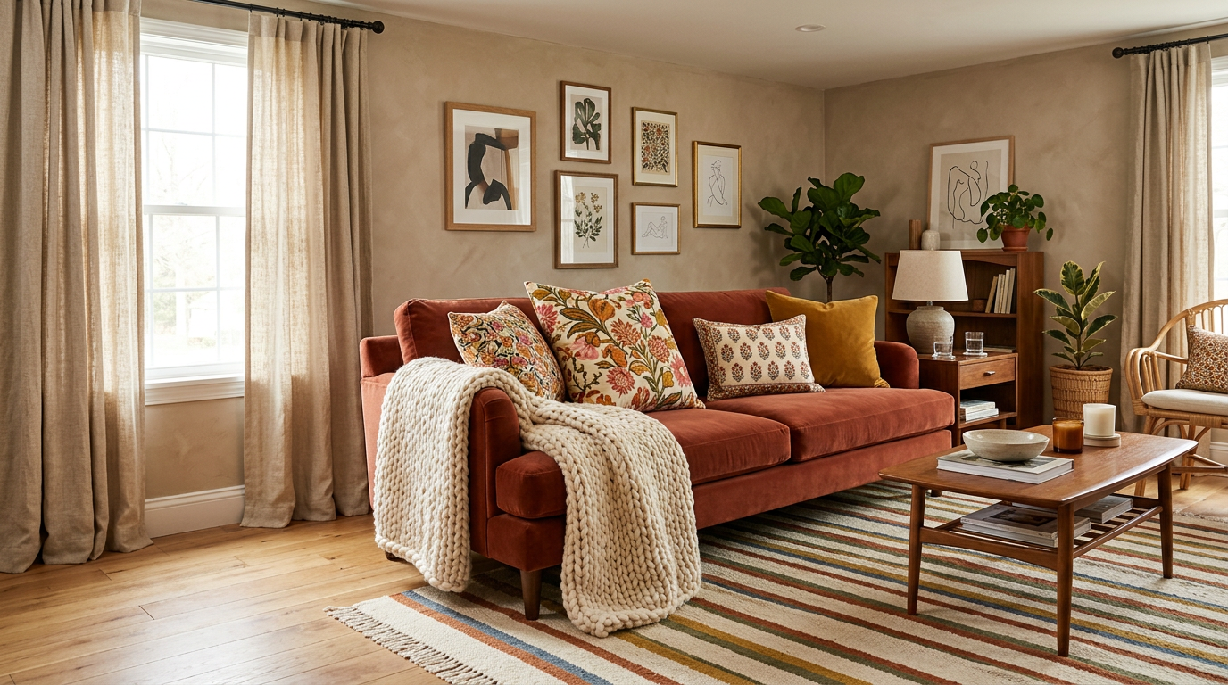 Living room with mixed patterns and textures