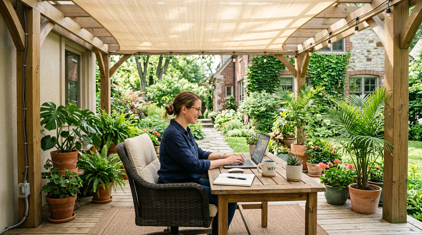 Outdoor home office setup on covered patio