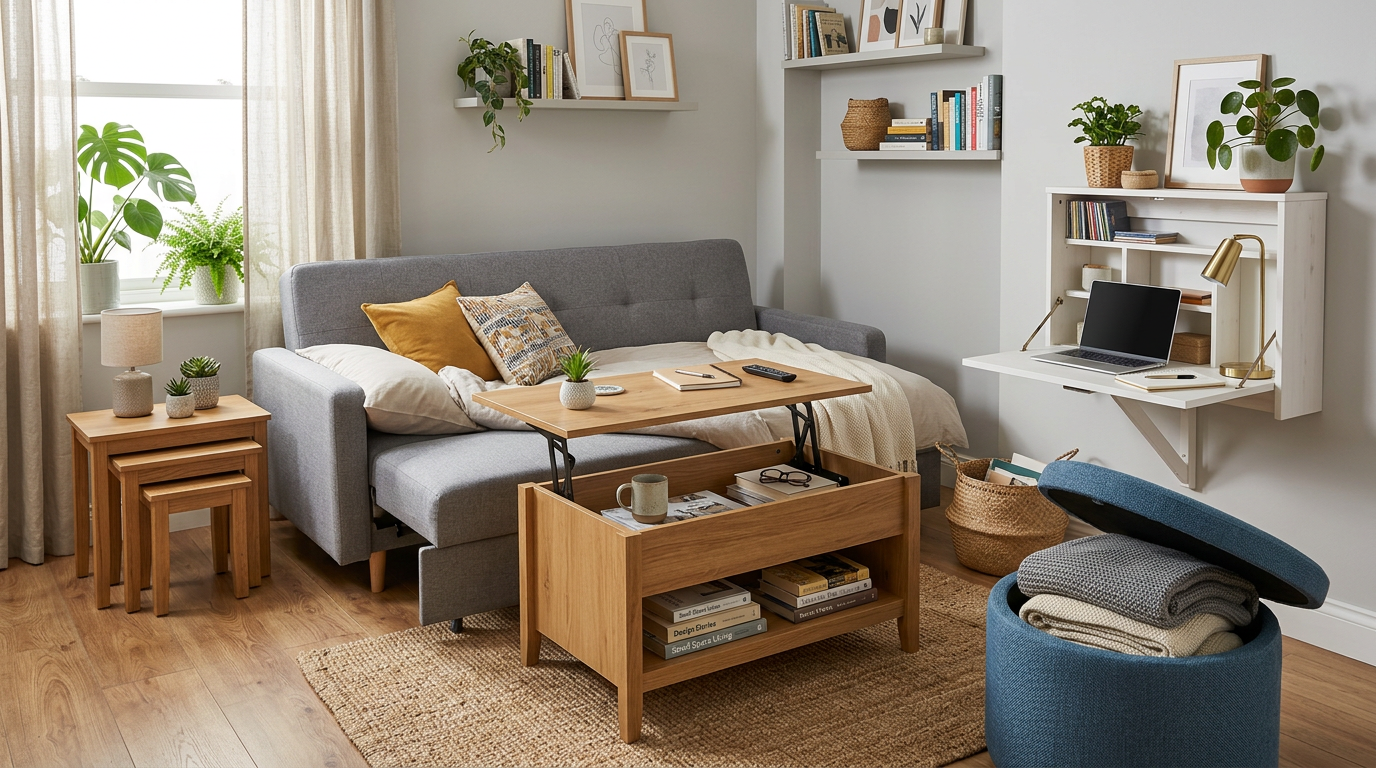 Living space with multifunctional furniture pieces