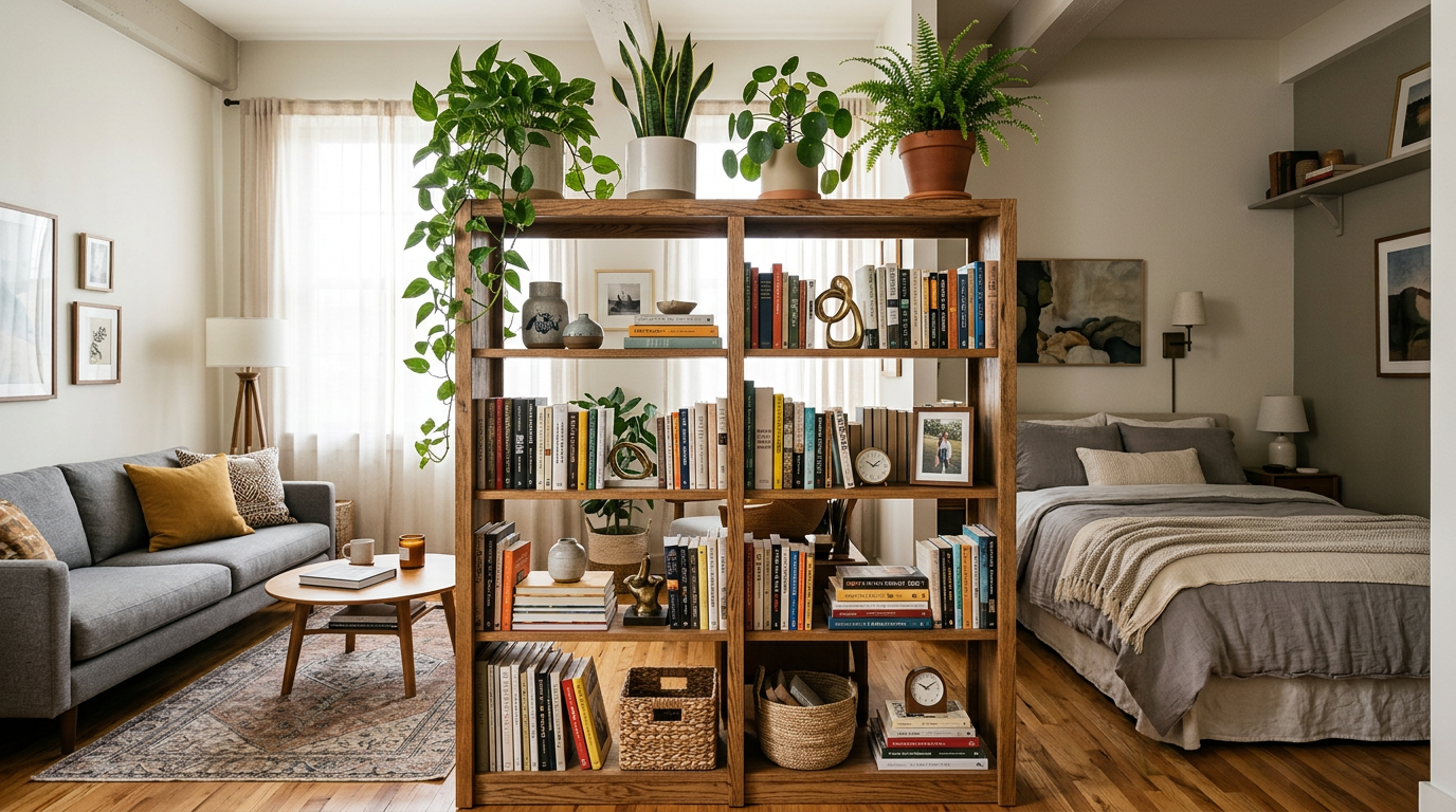 Studio apartment with room divider layout